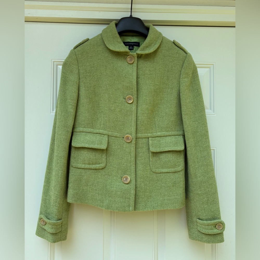 Banana Republic Womens Sz S Wool Four Button Blazer Green Suit Jacket Coat Chic
